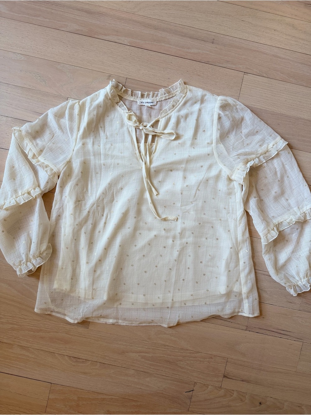 Blu Pepper Pale Yellow Swiss Dot Tie-Neck Blouse